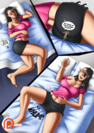 comic black_hair long_hair butt barefoot bed butt_crush shorts unaware shrunken_man close_up top asleep spokleworks
