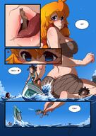 giantess vore blonde comic ocean shrunken_woman dialogue running_away snatched jetski multiple_tinys
