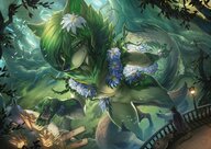 gentle giantess nude furry wolf goddess high_angle green_hair forest flowers wolves green_fur scalie flower_in_hair dansyronart