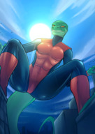 breasts drawing female giantess furry tail anthro city mega color clothed buildings low_angle yellow_eyes lizard sun boots squatting looming looking_down reptile crouching costume scalie green_skin marvel_comics rubber_suit skintight_clothing ci0 liza genomod