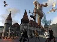 breasts giantess white_hair mega long_hair clothed rampage skirt angry blood castle knight sandals foot_crush queen bow dragons running_away imminent_crush monk digital_render game_of_thrones daenerys_targaryen afraid archers quiver gtssrg daenerys got