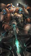 drawing anthro color long_hair bra looming standing thighs point_of_view long_ears leotard orange_hair unzipped zipper heterochromia erect_nipple inspecting dansyronart 9livestogo crossbow