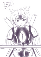 gentle giantess monochrome long_hair bridge cleavage sketch looking_down gundam dialogue bending_forward no_background looking_at_tiny pilot rarayagts mecha_girl