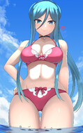 bikini drawing giantess color large_breasts long_hair blue_eyes cleavage ocean blue_hair smiling hand heart explosion looking_down clouds thighs background sky choker necklace ships hand_on_hips bare_legs bare_midriff looking_at_tinies lien_57 aoki_hagane_no_arpeggio takao_(aoki_hagane_no_arpeggio)