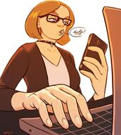 drawing giantess vore glasses shrunken redhead phone laptop between_lips office_lady imminent_vore spittyart
