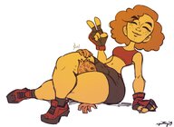 drawing giantess futanari smiling shrunken gloves bulge between_legs crotch sports_bra spittyart wresting headscissors