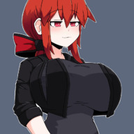 red_eyes huge_breasts breast_crush red_hair lesbians animation minigirl shrunken_woman hair_ribbon clothing_entrapment inksgirls