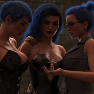 giantess white_hair nude long_hair handheld cleavage glasses blue_hair punk short_hair minigirl shrunken_woman giantesses goth twins looking_at_tiny caddyisraddy triplets