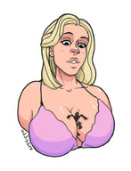 drawing gentle blonde large_breasts long_hair cleavage bra shrunken_man looking_down between_breasts oldjoygts