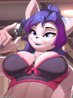 drawing giantess furry wolf cat anthro color large_breasts handheld cleavage bra purple_hair fox fangs medium_length_hair minigirl shrunken_people shrunken_woman open_mouth standing indoors between_fingers commission blue_nails shot_glass heterochromia looking_at_tiny multicolored_hair bare_midriff between_breasts discordthege chest_tuft