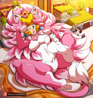 drawing giantess tail blonde color water island paws lying_down lake outdoors super_mario_bros earrings cat_suit mostlyfunstuff pauline super_mario_3d_world bowsers_fury