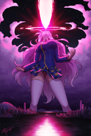 drawing panties city mega color long_hair clothed skirt buildings pink_hair cruise_ship standing outdoors thigh_highs laser_blast giantmamakelly