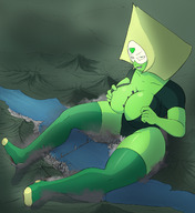drawing giantess city color bridge destruction buildings green_eyes huge_breasts mountains river thighs looking_at_viewer leotard legs_spread green_skin colonel-gabbo steven_universe peridot stirrups gem between_breasts cartoon_network
