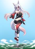 drawing giantess tail mega color large_breasts long_hair destruction clothed red_eyes fang boots clouds outdoors sky multicolored_hair bare_midriff fworkstations giantess_nataliamik natalia_(vtuber)
