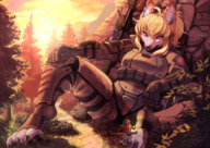 drawing gentle giantess furry macro anthro size_difference blonde color clothed barefoot gun fox smiling paws sitting looking_down forest outdoors soldiers legs_spread lamp cliff paw_pads looking_at_tiny human hand_on_knee bossanogi ventusastrofox negevi