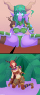 drawing giantess micro panties horns color large_breasts armor pubic_hair camel_toe elf green_hair red_hair sitting between_legs shrunken_woman looking_down body_exploration world_of_warcraft top ysera legs_spread purple_skin pointed_ears alexstrasza confused bare_legs cutaway hair_forest bare_midriff clothing_entrapment groin nauartn bare_thighs female_only