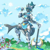 drawing gentle giantess furry macro tail anthro shark city color armor clothed buildings blue_hair knight green_hair medieval mountains standing clouds sky kingdom axe valley fish scalie fins knightess lynnshark lynn baronknight