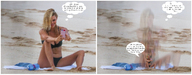 bikini collage blonde long_hair beach barefoot cleavage shrinking sitting cellphone water_bottle
