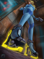 drawing blonde color large_breasts long_hair high_heels samus_aran low_angle ponytail zero_suit looming unaware shrunken_people standing indoors commission shrink_gun zero_suit_samus buggysplat pistol skintight_clothing blackplateau