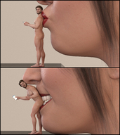 mouth teeth brunette biting mouthplay smiling lips kissing table shrunken_man red_lips digital_render galiagan