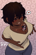 giantess black_hair cleavage high_angle minigirl shrunken_woman dark_skin pinned stuck groping between_breasts hollewdz females_only