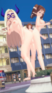 breasts nipples giantess nude city blonde butt brunette multiple_sizes giantesses digital_render mt._lady diane_(seven_deadly_sins)