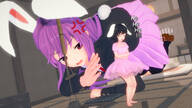 growth mini_giantess indoors cramped digital_render bunny-ears purple-hair pink-dress