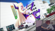giantess horns long_hair butt clothed butt_crush red_eyes unknown_artist sitting open_mouth vehicles outdoors looking_back vehicle_crush source_needed superheroine digital_render cutaway skintight_clothing mt._lady eyemask