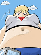 drawing giantess chief mega blonde color long_hair blue_eyes anime nipping low_angle supergirl point_of_view dc_comics bare_midriff