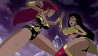 breasts drawing giantess mega black_hair color skirt giganta red_hair ponytail boots fighting mountains giantesses wonder_woman earrings top ripped_clothing leotard bracelet tiara dc_comics thedaibijin bare_midriff wonder_giganta