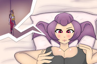 breasts drawing blushing color large_breasts clothed cleavage bed purple_hair breast_crush pillow lying_down pink_eyes shrunken_people indoors commission ace_attorney squeezing apollo_justice athena_cykes cutaway between_breasts betty_de_famme ndrea