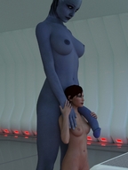 breasts nude alien futanari penis blue_eyes mini_giantess blue_skin shepard digital_render mass_effect liara_tsoni asari femshep dr-none