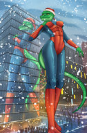 breasts drawing female giantess furry tail anthro city mega color butt clothed buildings yellow_eyes posing christmas lizard boots reptile standing reflection costume snowing christmas_tree santa_hat scalie green_skin marvel_comics rubber_suit skintight_clothing hand_on_breasts ci0 liza genomod