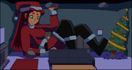 breasts drawing growth giantess mega alien color large_breasts long_hair green_eyes christmas teen_titans red_hair starfire boots night santa_costume costume belt sofa christmas_tree santa_hat cramped dc_comics orange_skin outgrowing_room nightcore100