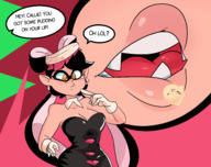 vore black_hair large_breasts clothed cleavage yellow_eyes lips unaware shrunken_man stuck dialogue zoom imminent_vore sharp_teeth callie splatoon inkling slugmanoctavio3