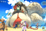 drawing gentle giantess furry macro tail anthro color beach cleavage water ocean green_eyes huge_breasts leopard lying_down thick_thighs bare_legs inner_tube bare_midriff wardrobe_malfunction beach_umbrella skeb 宇月まいと