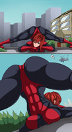 breasts drawing giantess panties city mega color large_breasts butt buildings helicopter camel_toe red_hair boots abs thighs outdoors trees looking_at_viewer wedgie cracked_pavement mary_jane spider-man gift_art marvel_comics skintight_clothing ci0 mrbigred snarkymofo jacko_pose