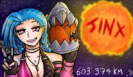 drawing earth giga color tongue destruction clothed blue_hair sun lol league_of_legends cosmic_giantess jinx majoumegami