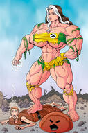 breasts drawing giantess mega color large_breasts long_hair armor destruction blue_eyes barefoot cleavage brunette domination gloves mini_giantess muscles costume ripped_clothing headband x-men helmet debris bare_legs marvel_comics bare_midriff rogue_(x-men) juggernaut hair_streak amazingvalkyries