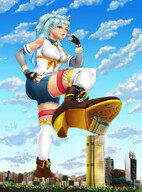 giantess giga city large_breasts destruction blue_hair smiling gloves foot_crush background sky