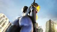 breasts giantess city mega color butt buildings low_angle gloves looking_down mask outdoors costume looking_back looking_at_viewer helmet digital_render marvel_comics skintight_clothing the_wasp worsesfm