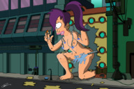 breasts drawing giantess nude city color large_breasts destruction handheld barefoot cleavage buildings purple_hair outgrowing_building ponytail mini_giantess kneeling cartoon leela futurama orange_hair debris looking_at_tiny convenient_censorship cyclops philip_j_fry spider-matt new_new_york