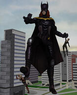 giantess crush city mega blonde long_hair armor blue_eyes handheld buildings angry multiple_sizes gloves red_hair harley_quinn pigtails giantesses mask batgirl batman costume cape belt catwoman imminent_crush thief looking_at_tiny digital_render dc_comics roodedude