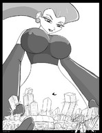 breasts drawing giantess chief pokemon city mega monochrome long_hair destruction handheld rampage anime nipping team_rocket nintendo earrings jessie_(pokémon)