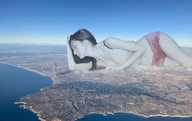 giantess collage panties city mega black_hair long_hair clothed bra ocean asian dress lying_down standing