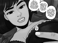 breasts drawing gentle monochrome black_hair large_breasts clothed inside cleavage bra shrunken_man looking_down indoors dialogue looking_at_tiny bra_entrapment clothing_entrapment guireyart10
