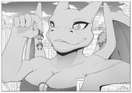 drawing giantess pokemon furry wings anthro city monochrome large_breasts handheld cleavage buildings grinning standing dangle leaning_against_building s2-freak scalie charizard looking_at_tiny lucario chari-gal out_of_frame
