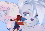drawing gentle giantess white_hair furry anthro size_difference vixen color blue_eyes skirt glasses fox paws red_hair dress minigirl dancing fingers looking_at_tiny kerneldecoy cobalt vossfiction culturedcobalt valeska