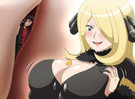 drawing pokemon blushing blonde color large_breasts long_hair clothed shrunken_man open_mouth standing jiggle grey_eyes commission thedaibijin cutaway squeezing_breasts between_breasts cynthia_(pokemon) kingkenan69