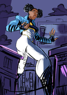 breasts drawing giantess city mega black_hair color butt handheld buildings brown_eyes gloves boots muscles dark_skin night jacket costume power_girl spotlight looking_at_tiny dc_comics hair_buns claw7705 tanya_spears